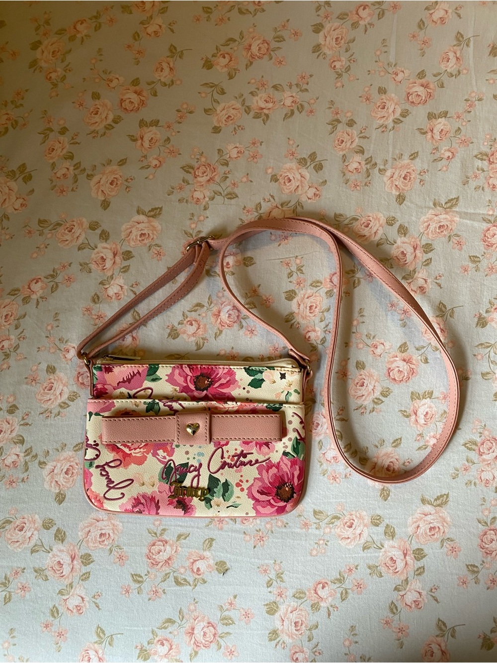 Juicy Couture Pink Floral Girly Bow Shoulder Bag Gold Hardware